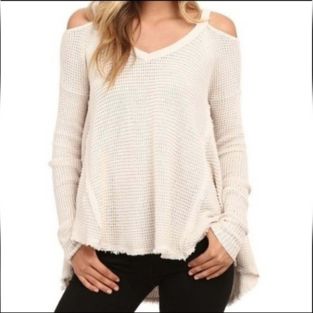 Free People Off-Shoulder Waffle Knit Sweater in Cream